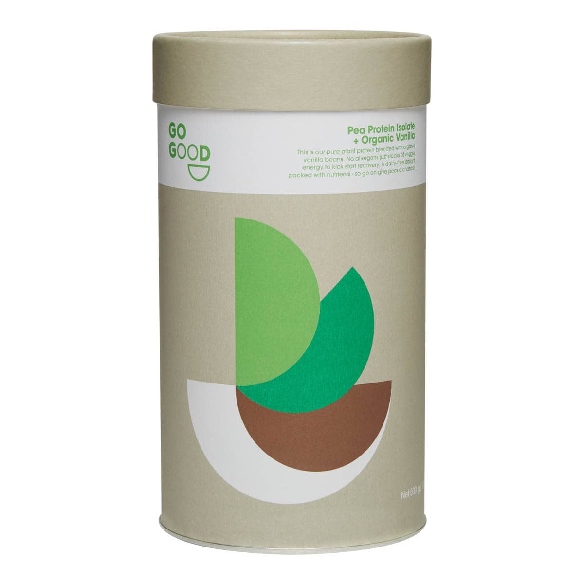 Beige cylindrical container with green and brown abstract design on a white background.