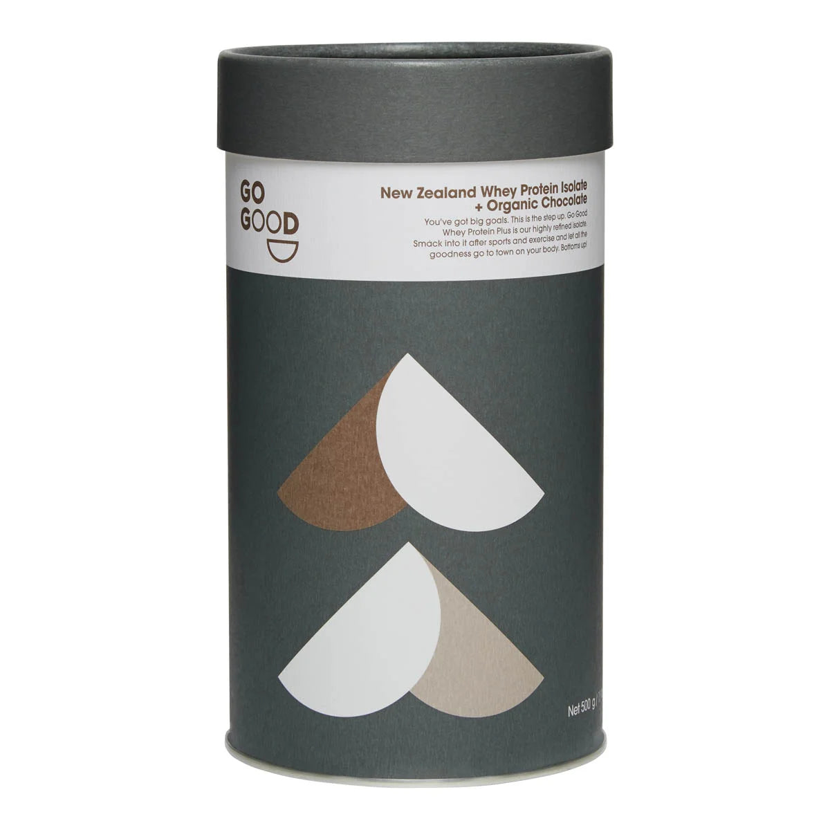 Go Good Whey Protein Isolate Organic Chocolate in a grey cardboard container on a white background.