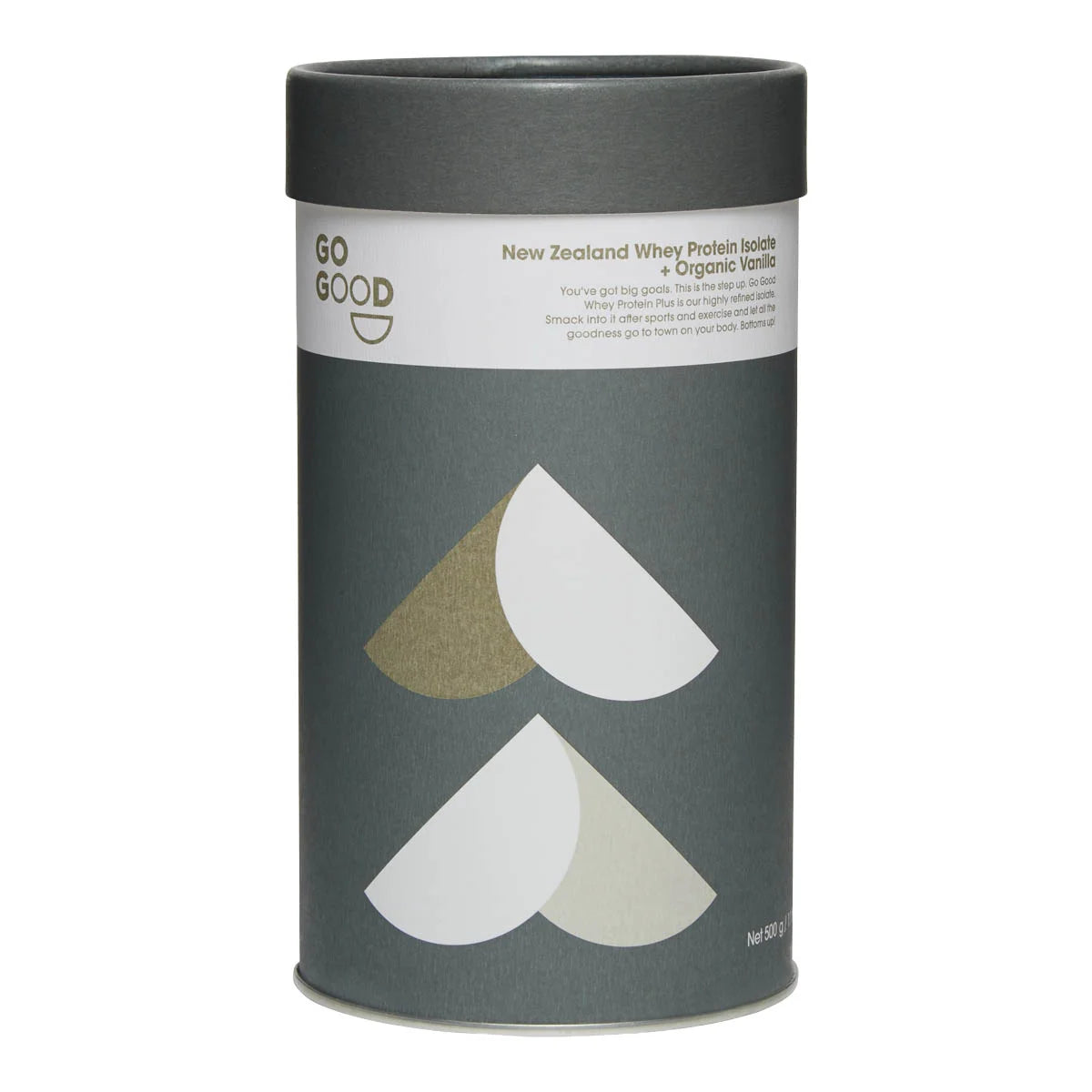 Dark grey cylindrical container of Go Good New Zealand Whey Protein Isolate + Organic Vanilla. White label and abstract shapes on a white background.