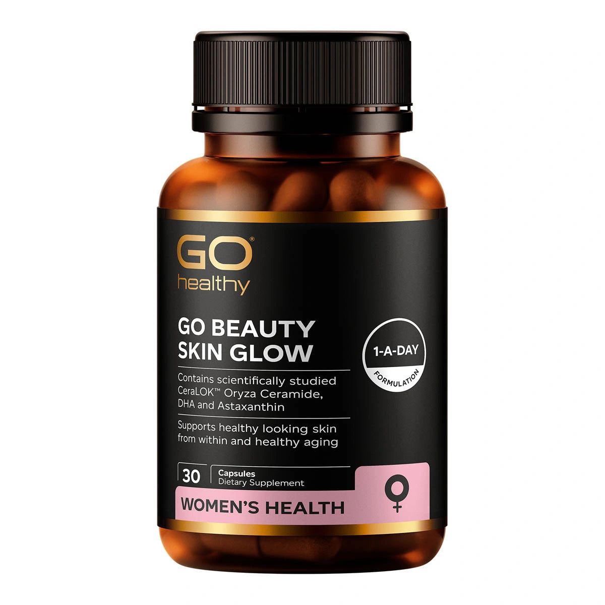 Vitamin supplement bottle labeled 'GO Beauty Skin Glow' on a white background