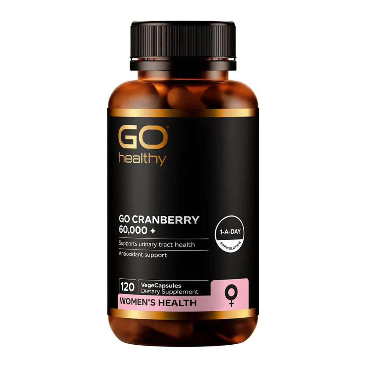 GO Healthy cranberry supplement bottle on a white background. 120 vegecapsules. 1 a day formulation that supports urinary tract health.