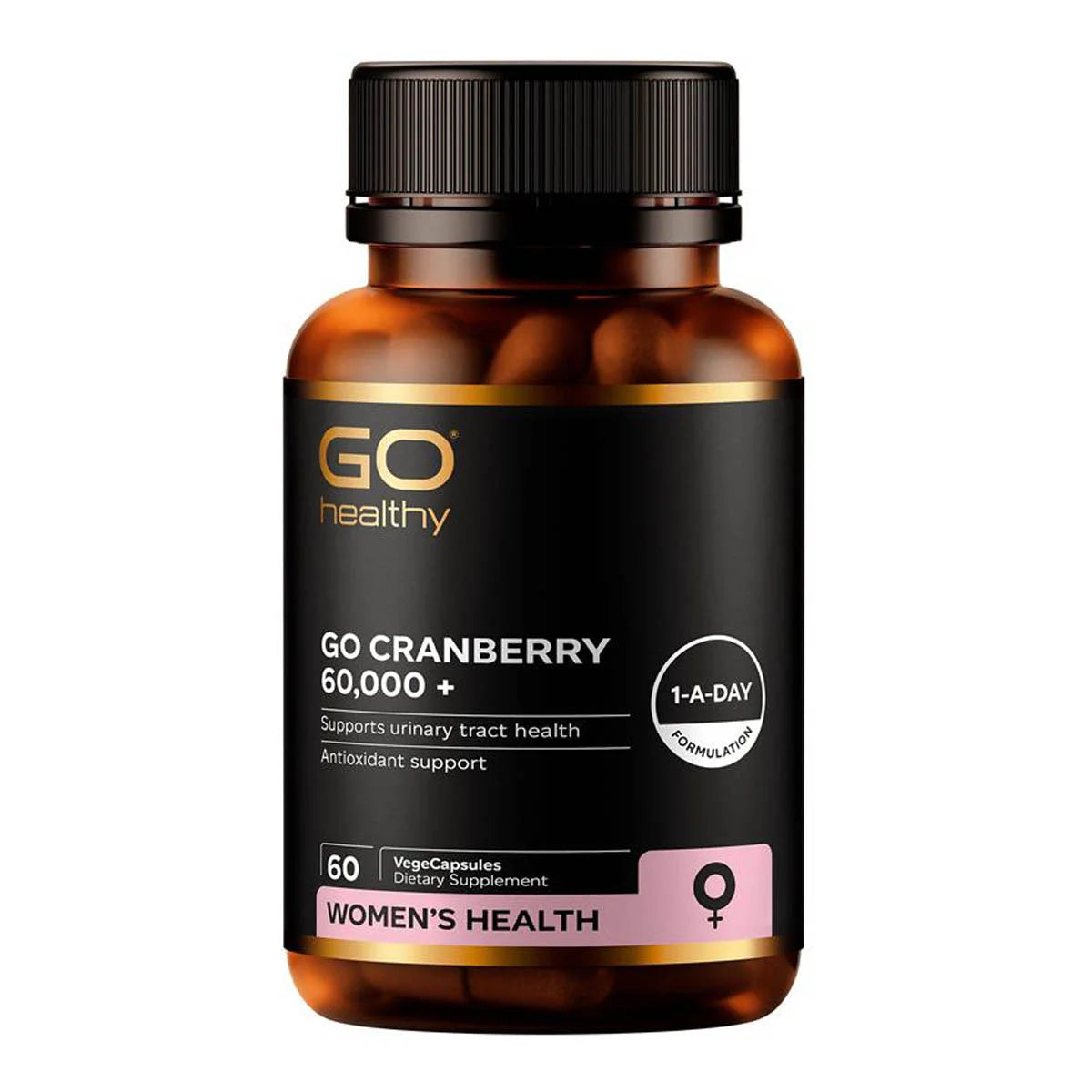 GO Healthy cranberry supplement bottle on a white background. 60 vegecapsules. 1 a day formulation that supports urinary tract health.