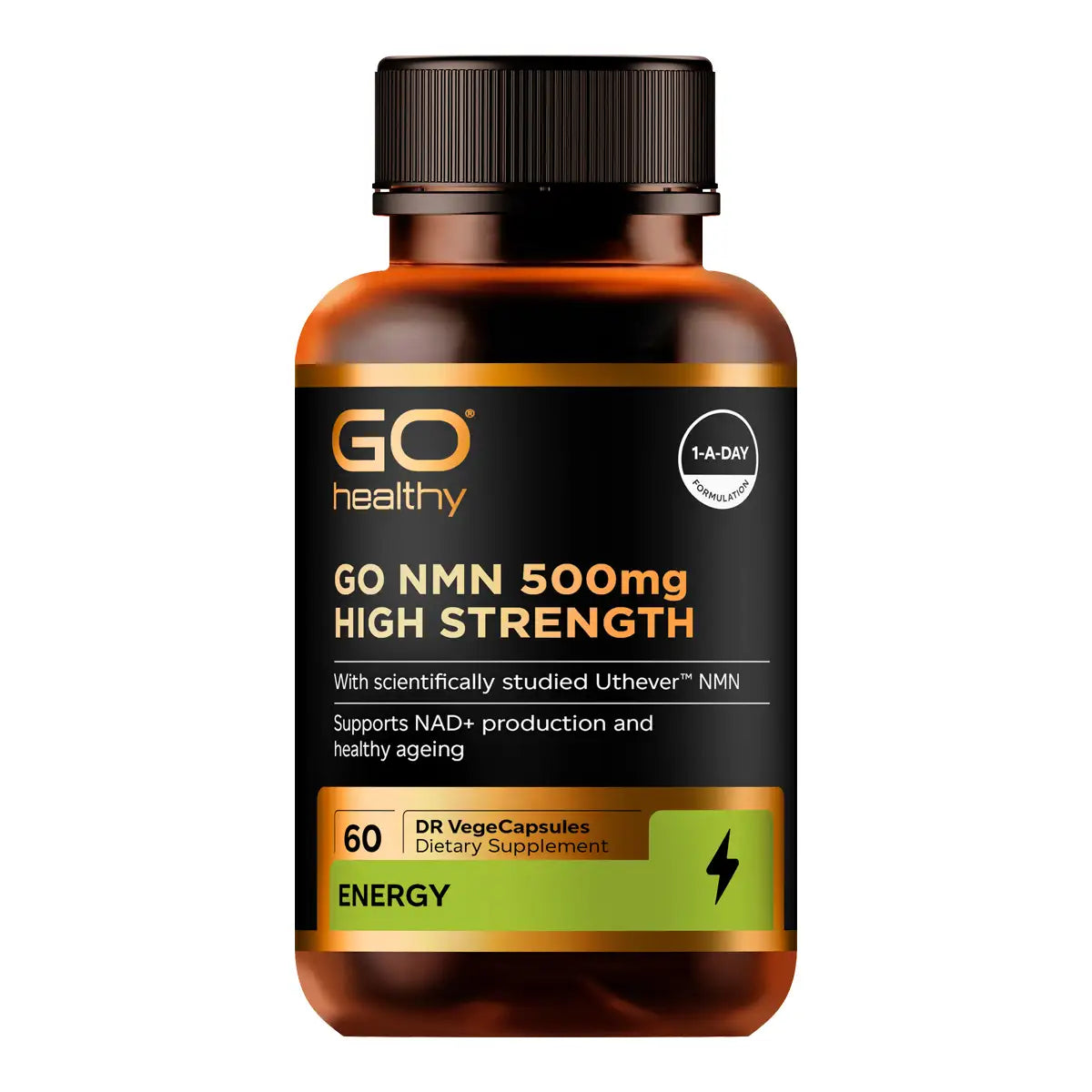 An amber brown bottle of GO Healthy Go NMN 500mg High Strength dietary supplement with a black cap and a black label featuring gold and green accents.