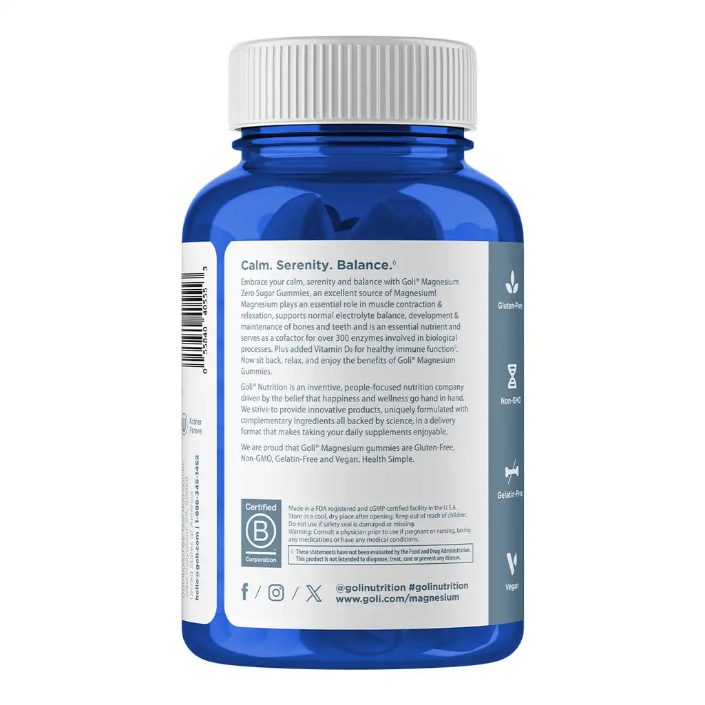 Back view of a blue supplement bottle with a white cap, showing the product's back panel text on a white background.