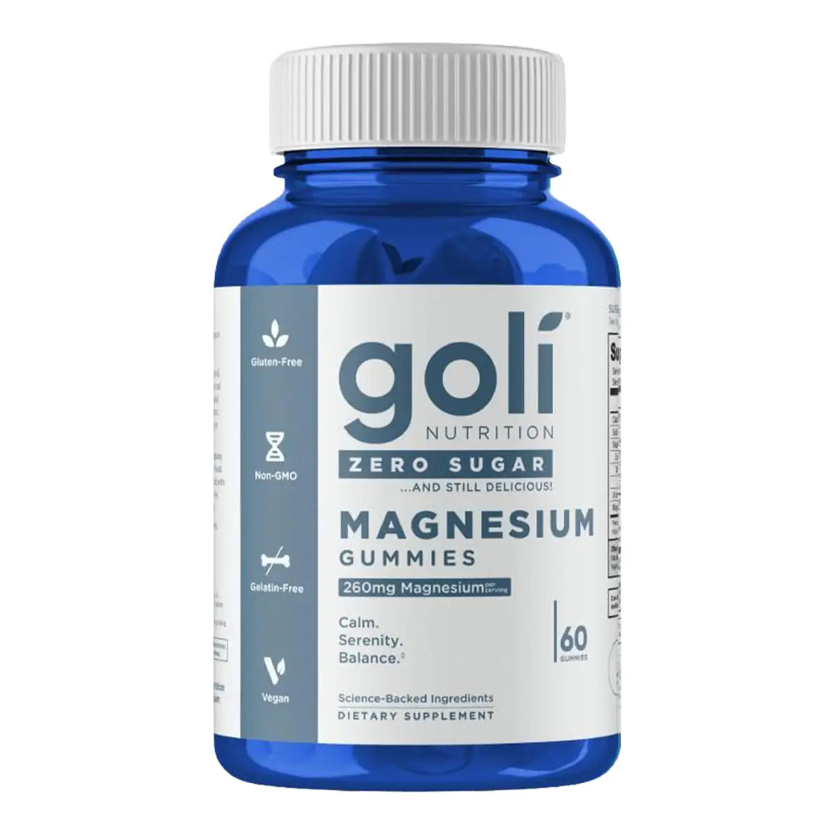 A blue plastic bottle of Goli Nutrition Magnesium Gummies with a white cap and a white label featuring blue and gray text.