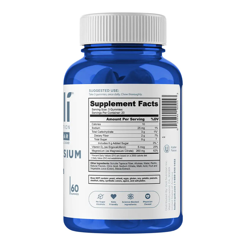 A blue plastic supplement bottle with a white ribbed cap, showing the back label with 'Supplement Facts' and text indicating 60 capsules.