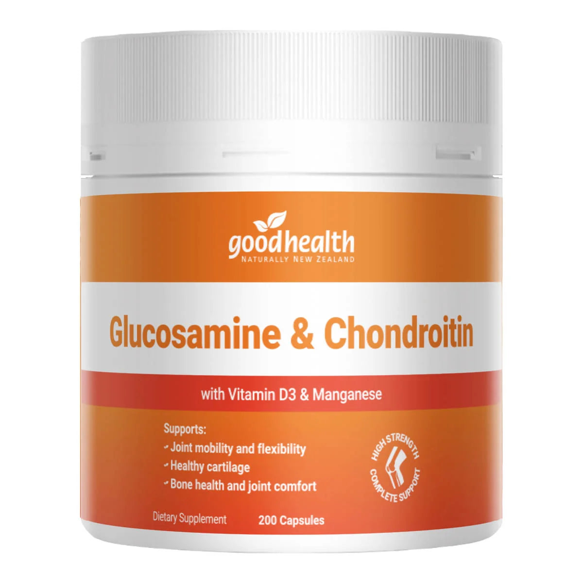 Supplement container labeled 'Good Health' containing Glucosamine & Chondroitin on an orange and white background.