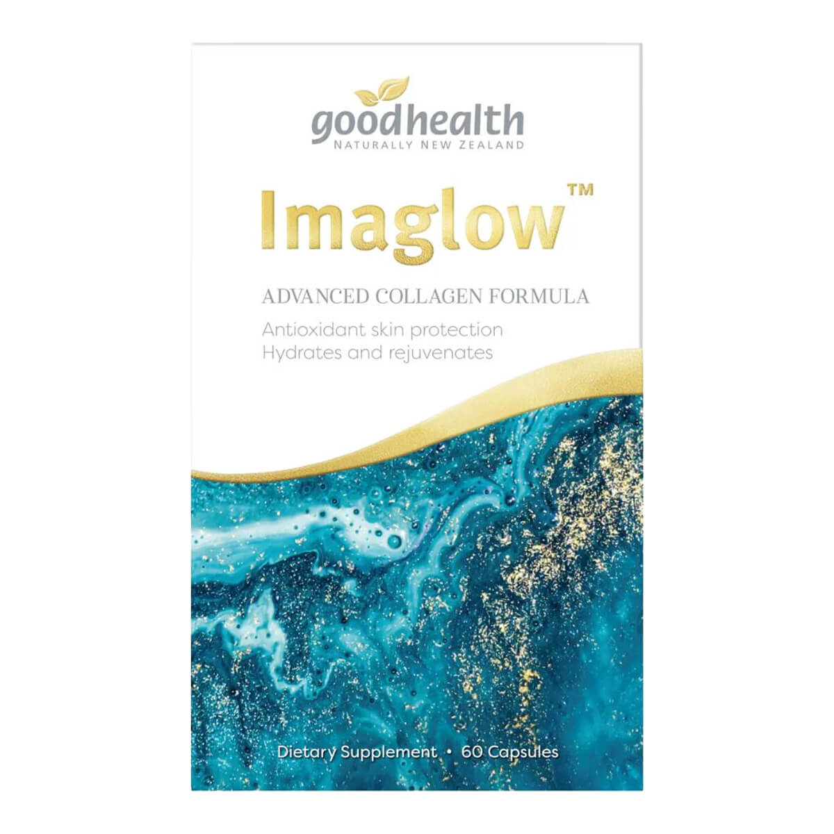 Goodhealth Imaglow dietary supplement package with blue and gold design.