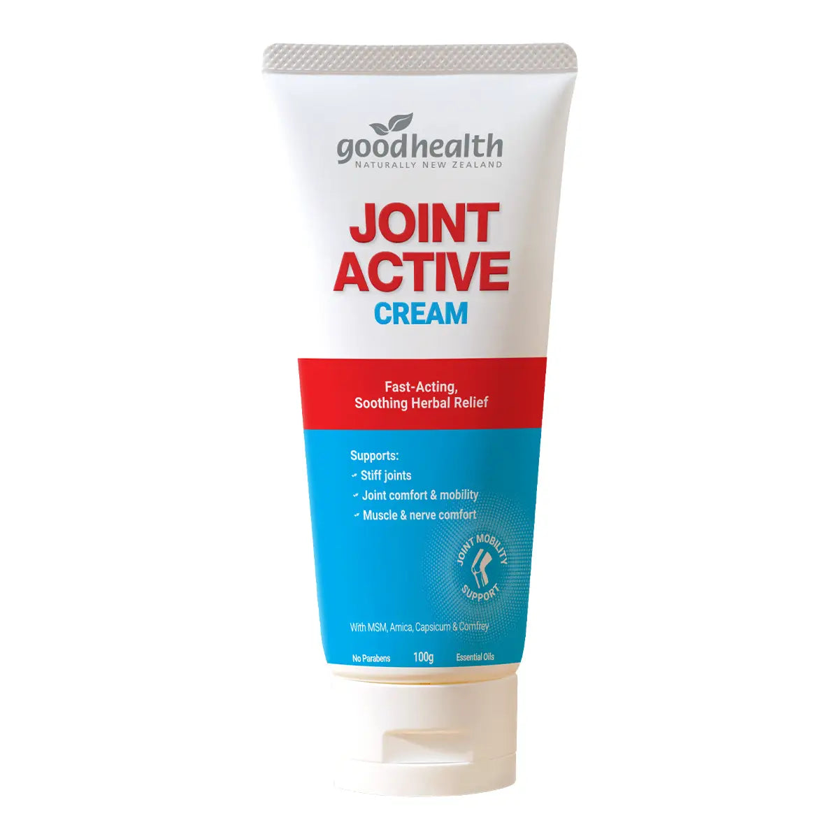 A 100g squeeze tube of Good Health Joint Active Cream on a solid white background. The packaging features a white upper section with red and blue text, a red banner, and a blue lower section.