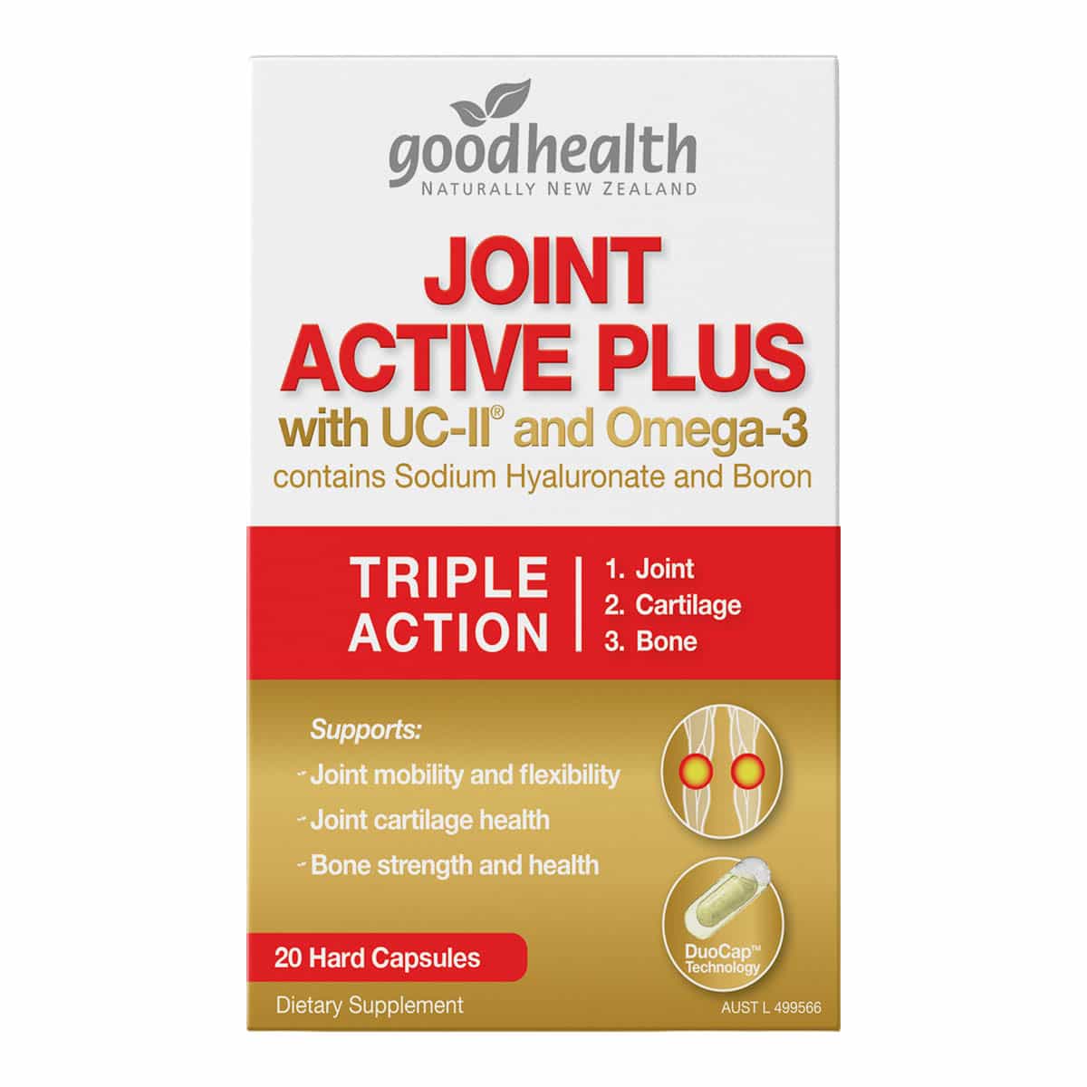 Good Health Joint Active Plus dietary supplement packaging on a white background.