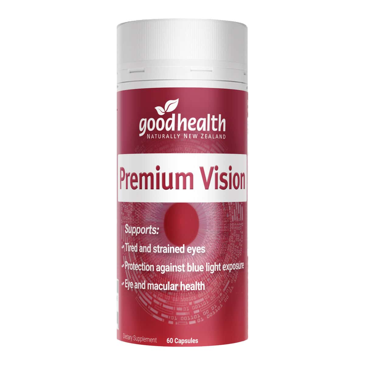 Red supplement container labeled 'Premium Vision' by 'goodhealth' on a white background.