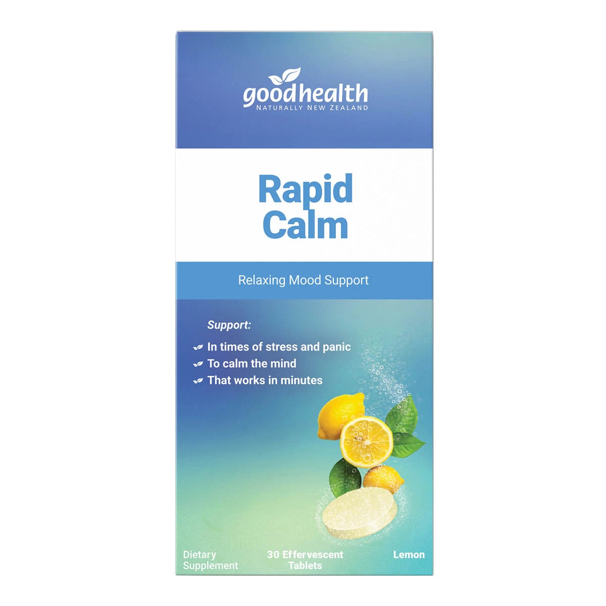 Good Health Rapid Calm supplement package with lemon illustration on a white background