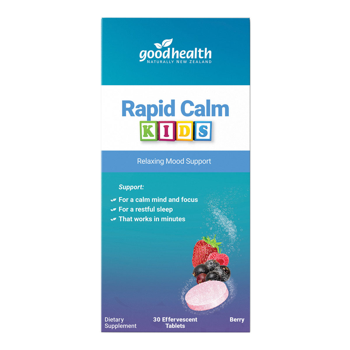 Good Health Rapid Calm Kids dietary supplement packaging on a white background.