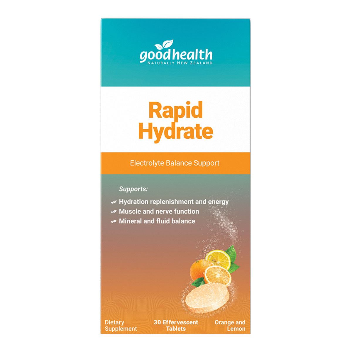 Good Health Rapid Hydrate effervescent tablets package on a white background