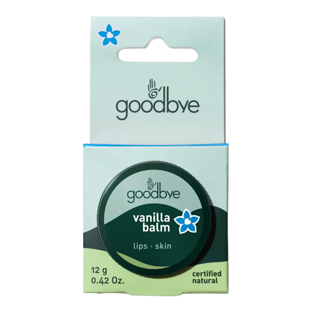Goodbye Vanilla Balm for lips & skin in a 12g aluminium tin within cardboard packaging. Certifed natural.