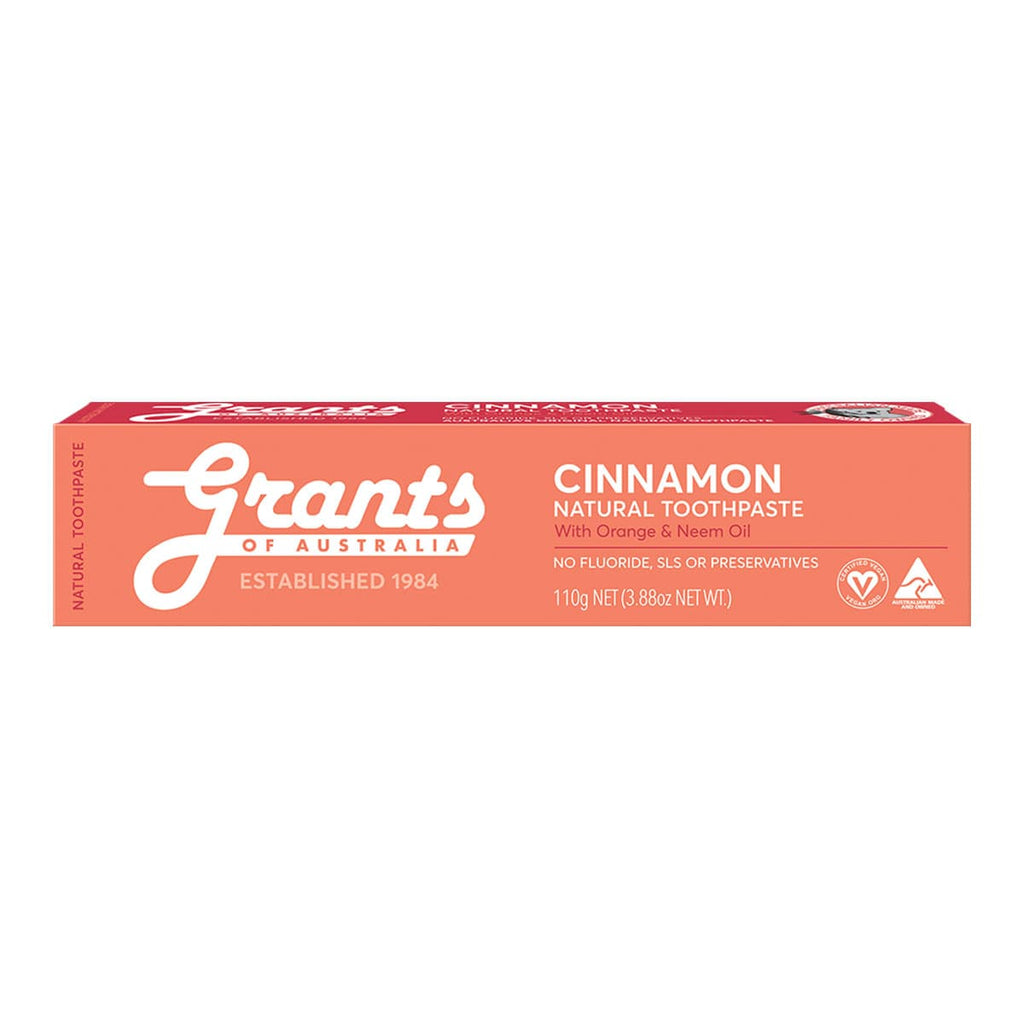 Grants of Australia cinnamon natural toothpaste tube on a white background.