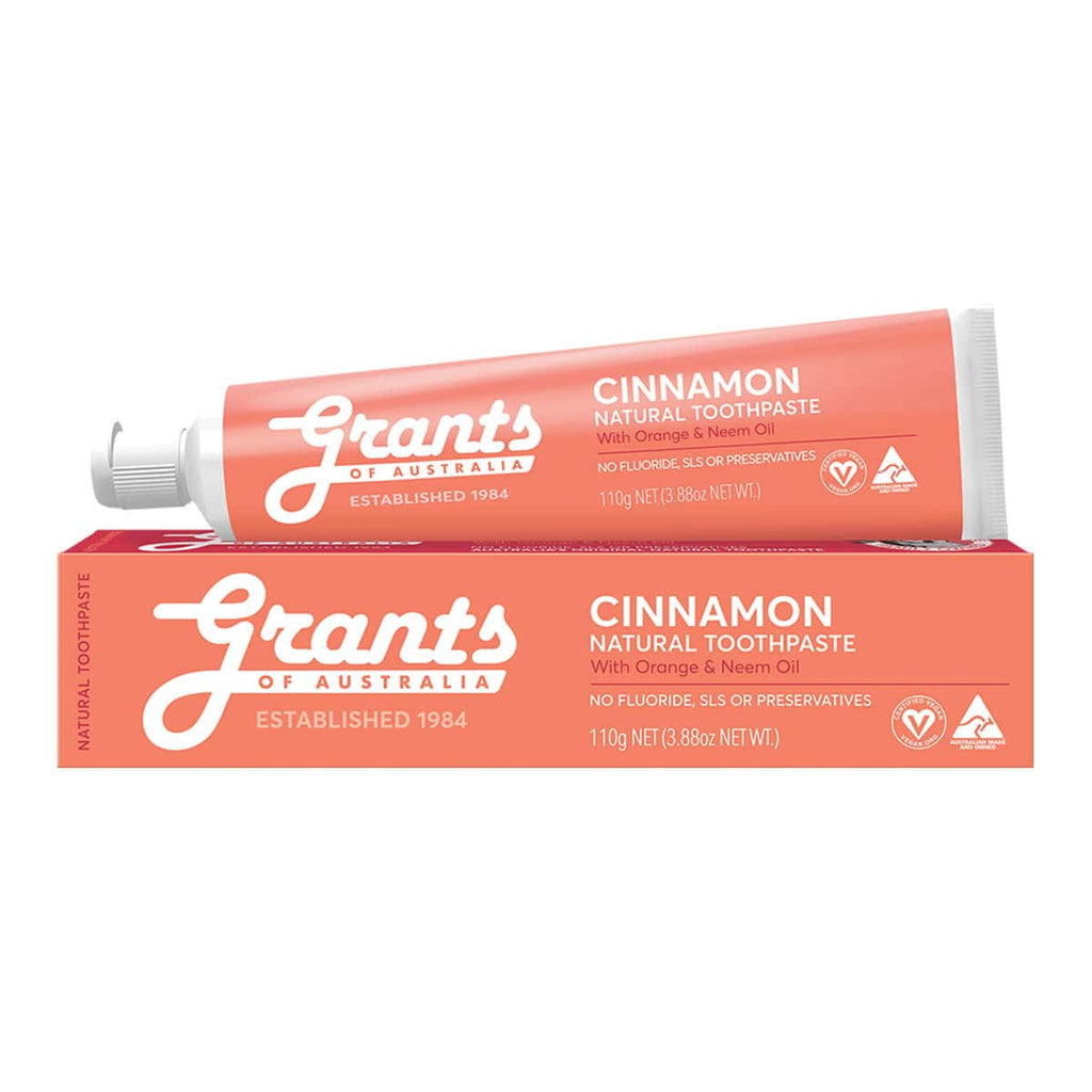 Two tubes of Grants Cinnamon Natural Toothpaste on a white background.