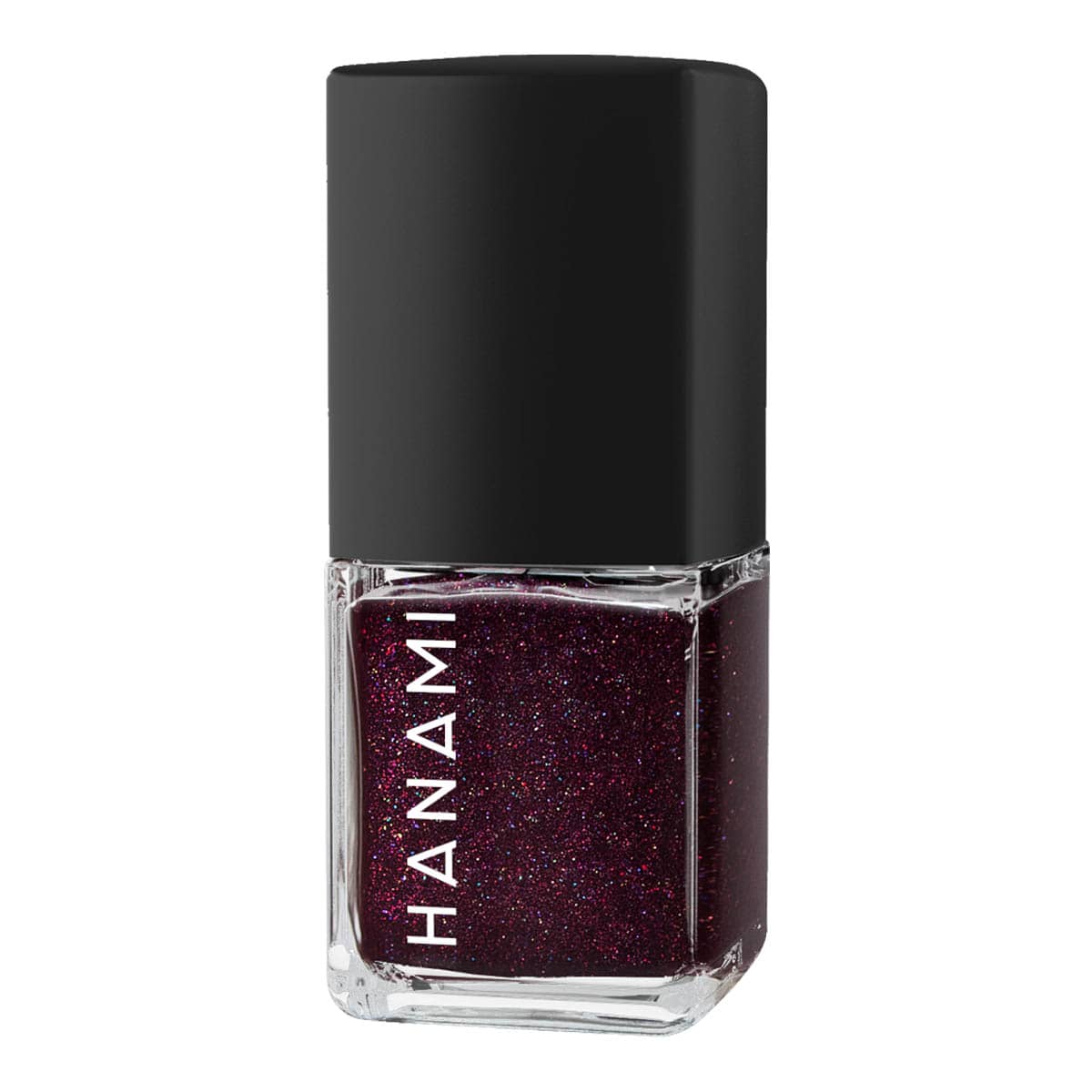 Nail polish bottle with black cap and dark purple glittery polish on a white background.