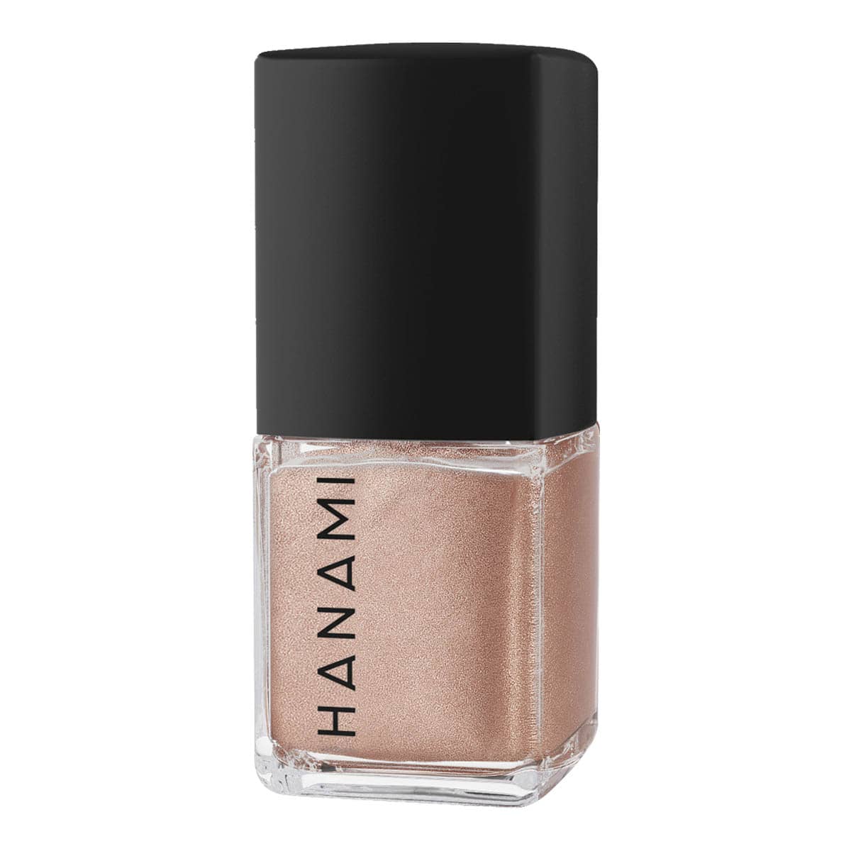 Nail polish bottle with black cap and metallic pink body on a white background.