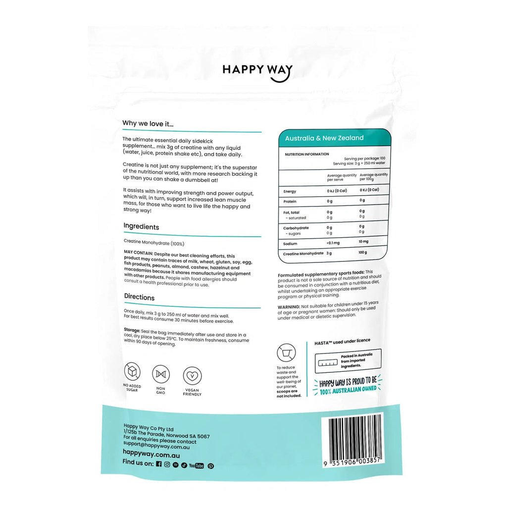 Back of a supplement package with 'Happy Way' branding, including text and nutritional information.