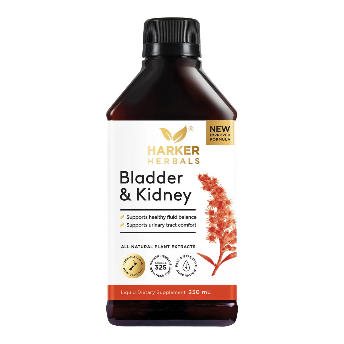 Harker Herbals Bladder & Kidney 250ml bottle on a white background. Supports healthy fluid balance, supports urinary tract comfort. Made with all natural plant extracts.