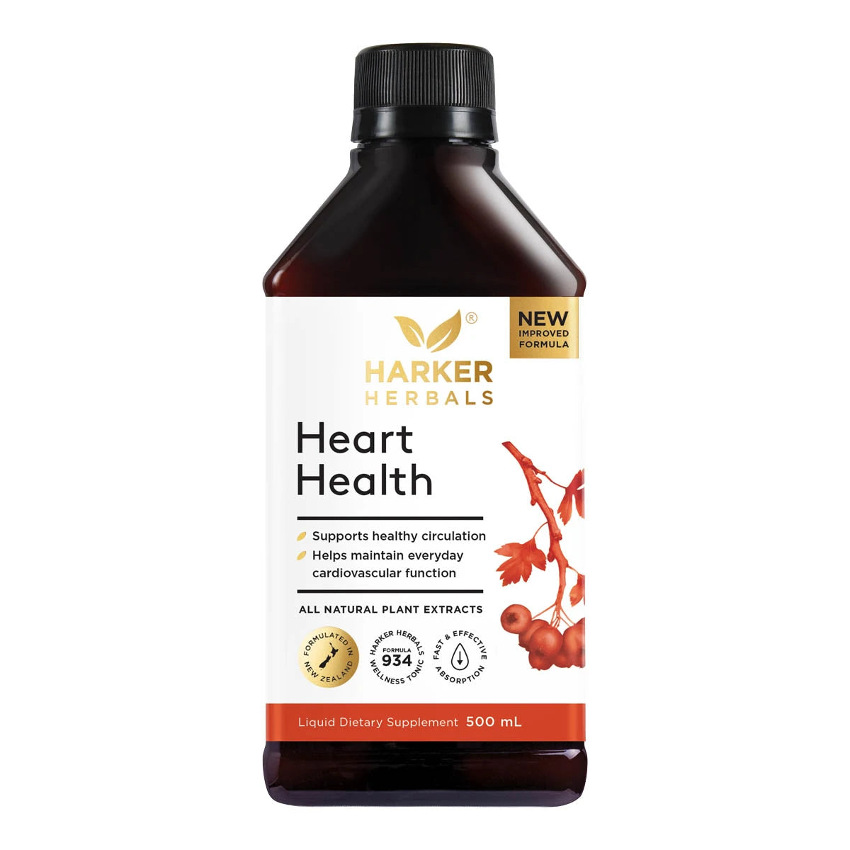 Harker Herbals Heart Health 500ml supplement bottle on a white background. Fast & effective absorption.