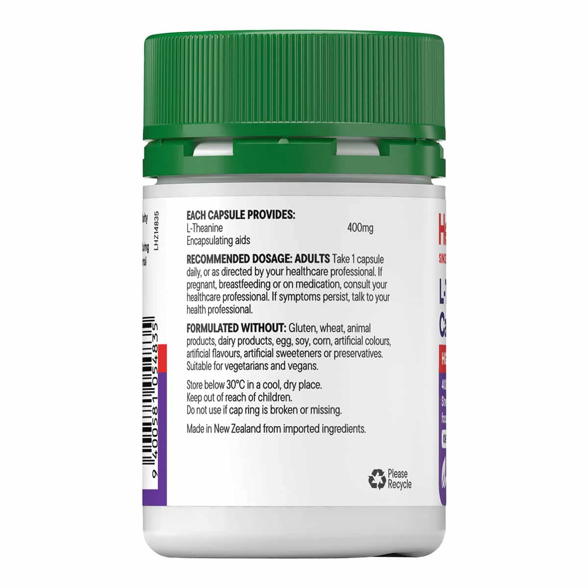 Supplement bottle with green cap and white label on a white background.