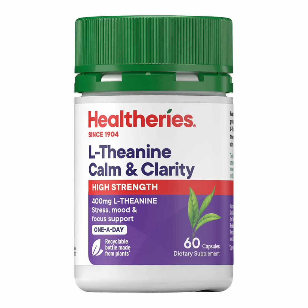 Healtheries L-Theanine Calm & Clarity supplement bottle on a white background.