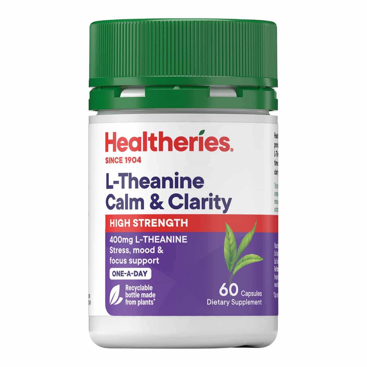 Healtheries L-Theanine Calm & Clarity supplement bottle on a white background.