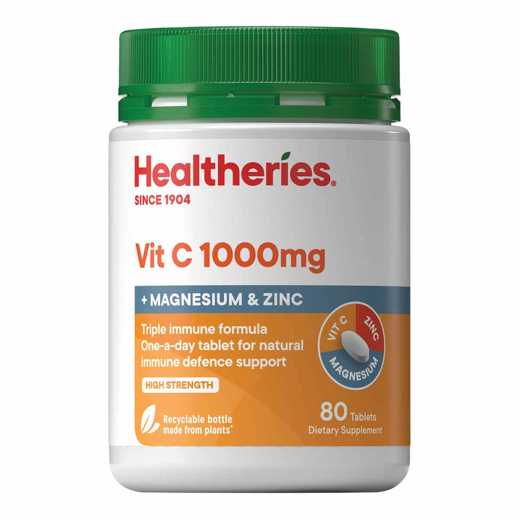 Healtheries Vit C 1000mg supplement bottle on a white background.