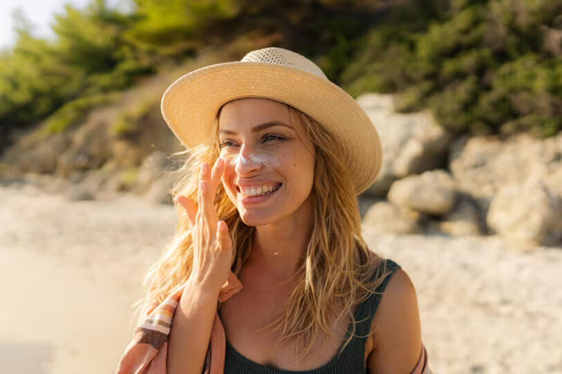 Woman applying sunscreen on her face.
