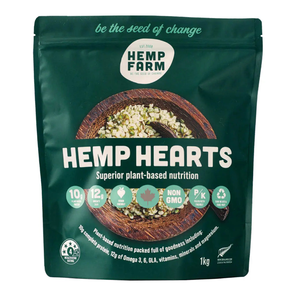 Hemp hearts packaging with Hemp Farm branding on a white background. Canadian sourced. Non GMO