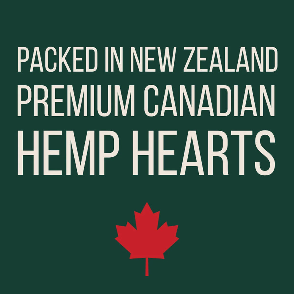 Text 'Packed in New Zealand Premium Canadian Hemp Hearts' with a red maple leaf on a green background