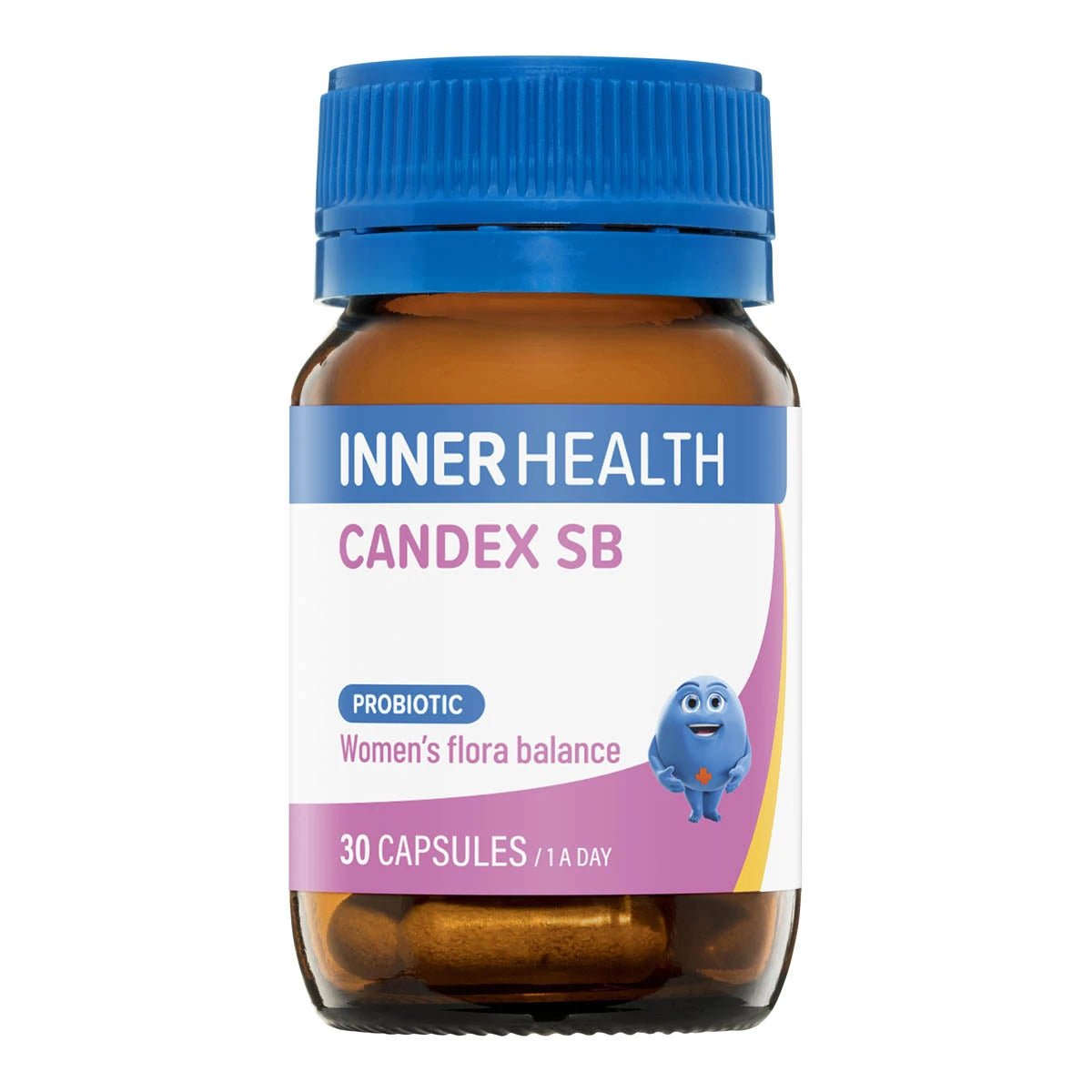 Inner Health Candex SB in a brown glass bottle. Probiotic for women's flora balance. 30 capsules / 1 a day.