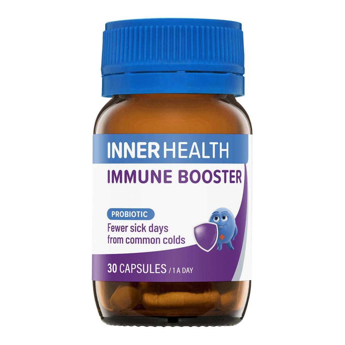 Inner Health Immune Booster Probiotic - fewer sick days from common colds. 30 capsules/ 1 a day. Brown glass bottle with a blue cap.