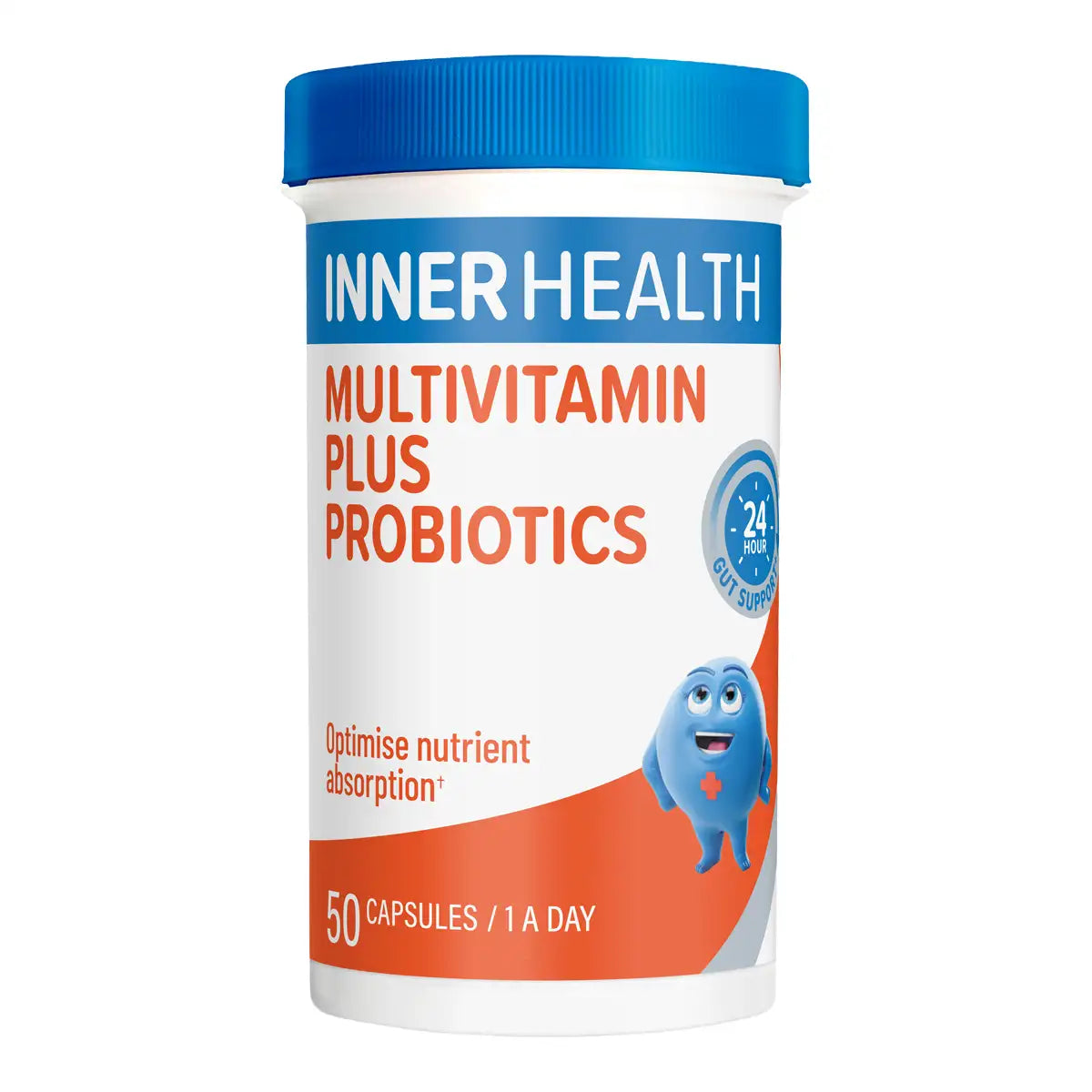 A white plastic bottle of Inner Health Multivitamin Plus Probiotics with a blue cap and a white label featuring orange and blue text.