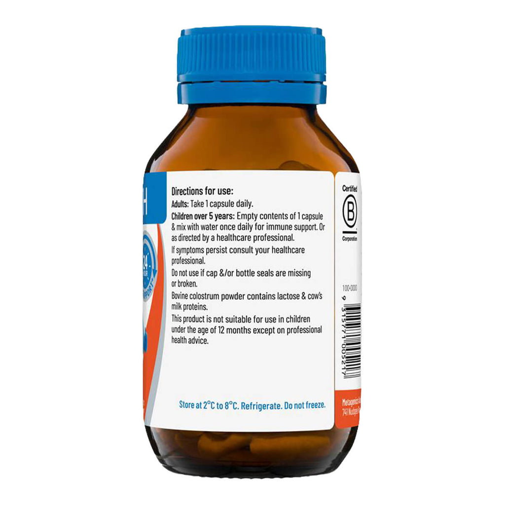 Brown supplement bottle with blue cap and label on a white background