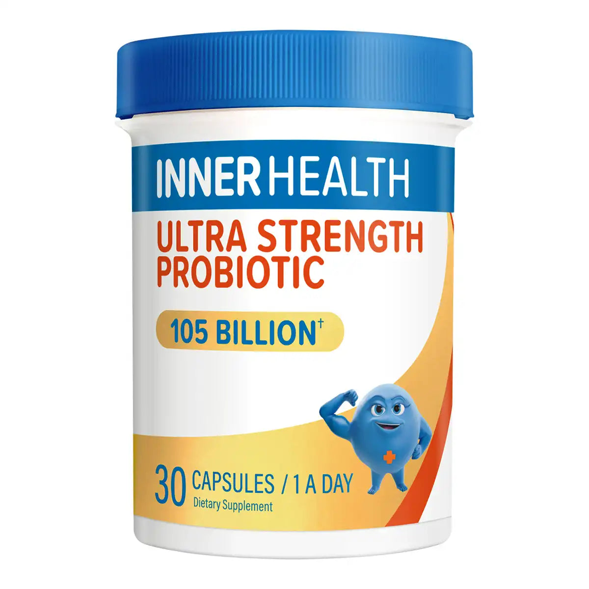 A white plastic supplement bottle with a blue screw-top lid. The label features blue, orange, and yellow graphics, including a cartoon blue bacterium.