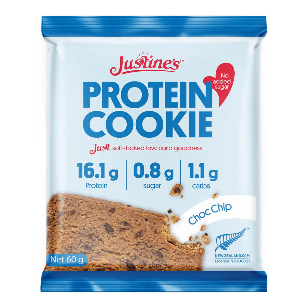 Front of Justine's Protein Cookie - Choc Chip flavour in blue packaging. No added sugar. 16.1g protein, 0.8g sugar, 1.1g carbs. 