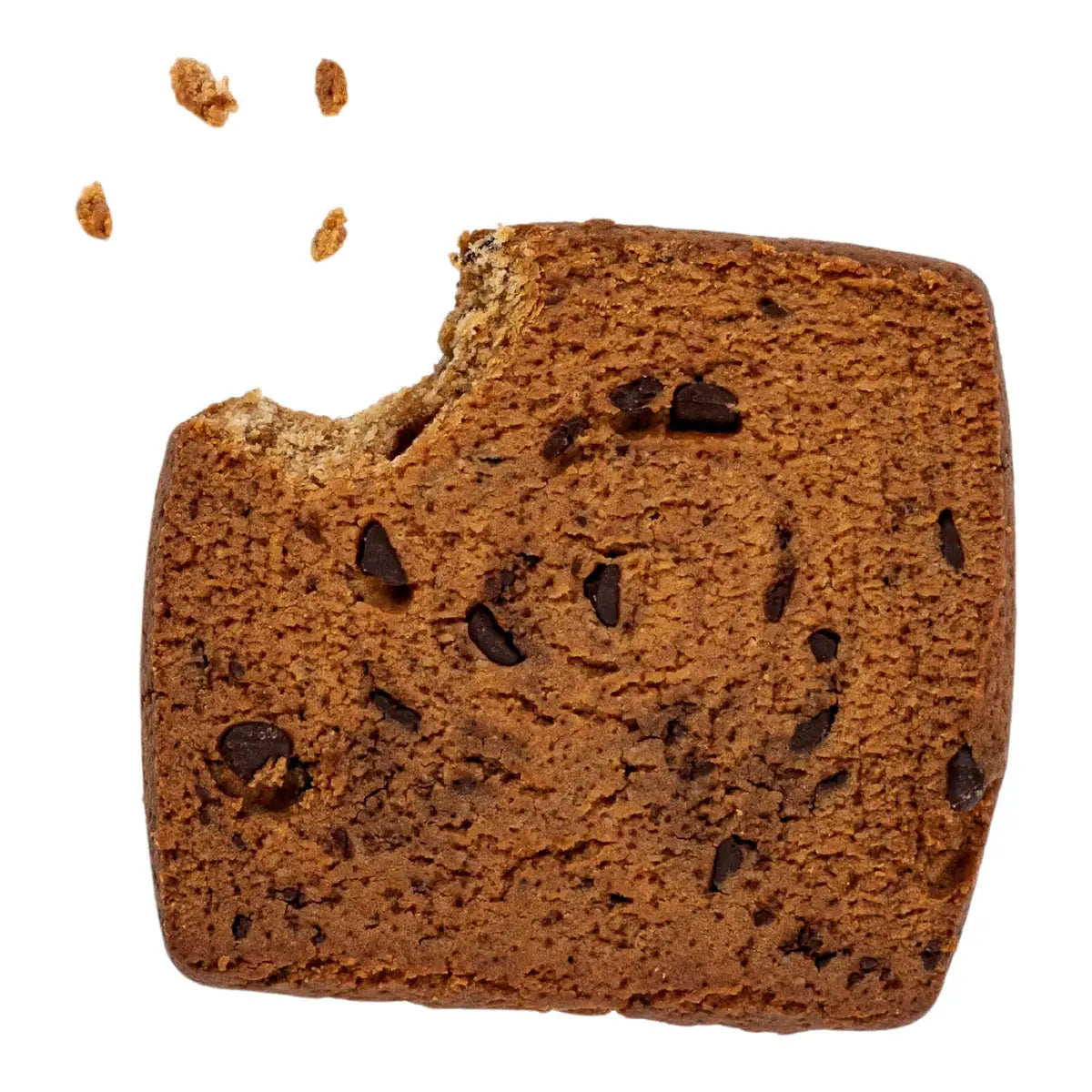 Close up of choc chip protein cookie with a   bite taken out. 