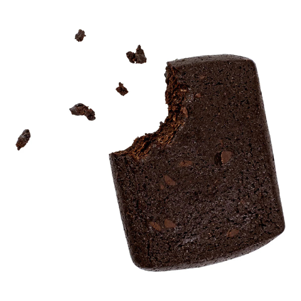 Justine's Double Choc Dream Protein Brownie 75g close-up of a dark chocolate brownie with a bite taken out and crumbs scattered around