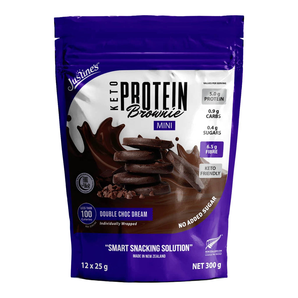 Justine's Keto Protein Brownie Mini Double Choc Dream 300g front view: dark blue resealable pouch with brownies pictured on it