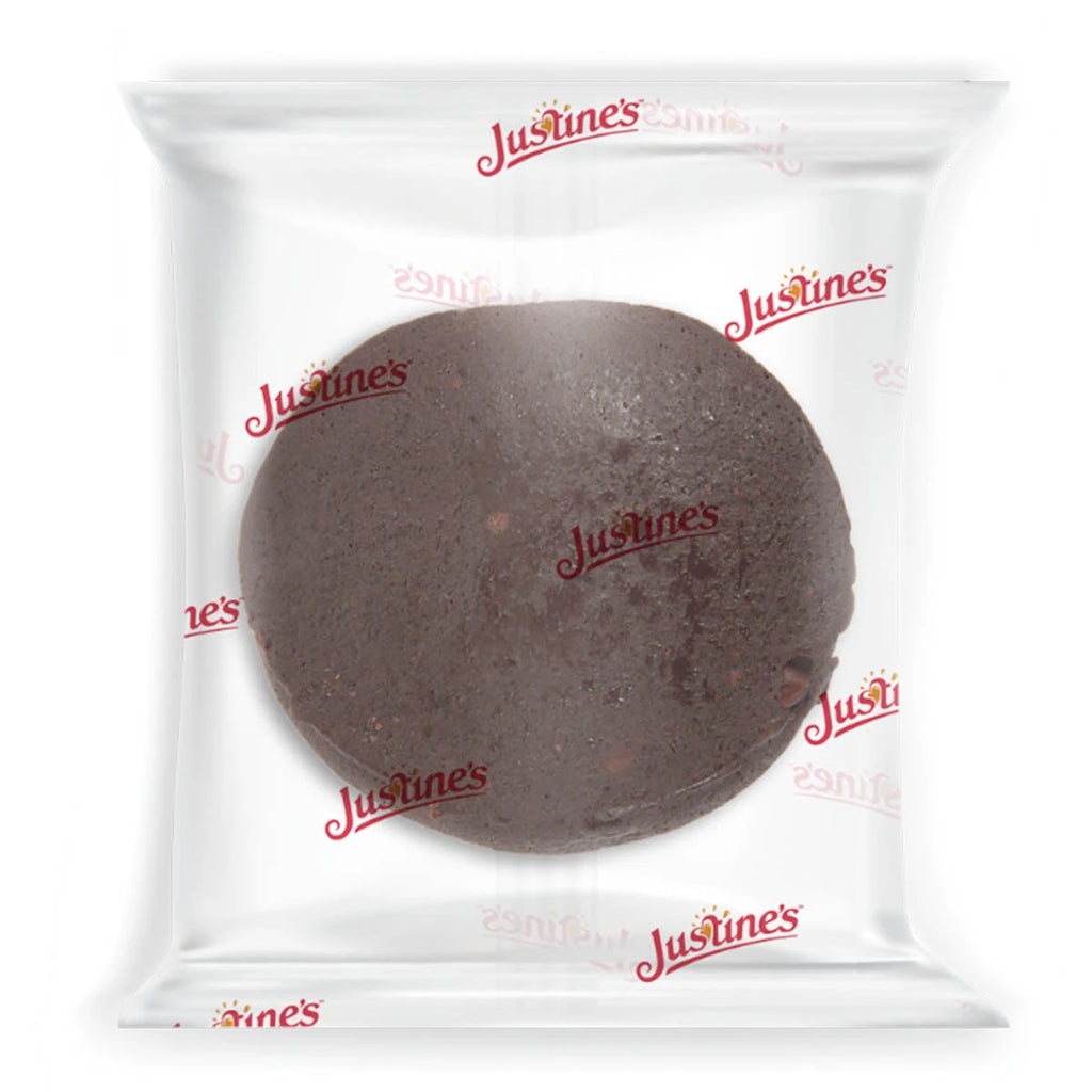 Justine's Keto Protein Brownie Mini Double Choc Dream 300g single dark brownie in a clear wrapper printed with the Justine's logo