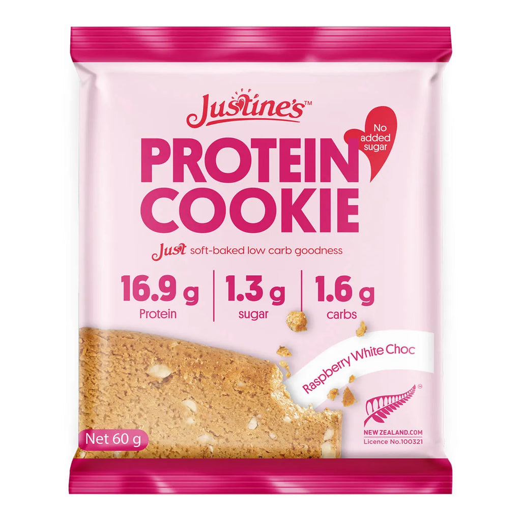 Justine's Protein Cookie package with pink and white design. 16.9g of protein, 1.3g sugar, 1.6g carbs.