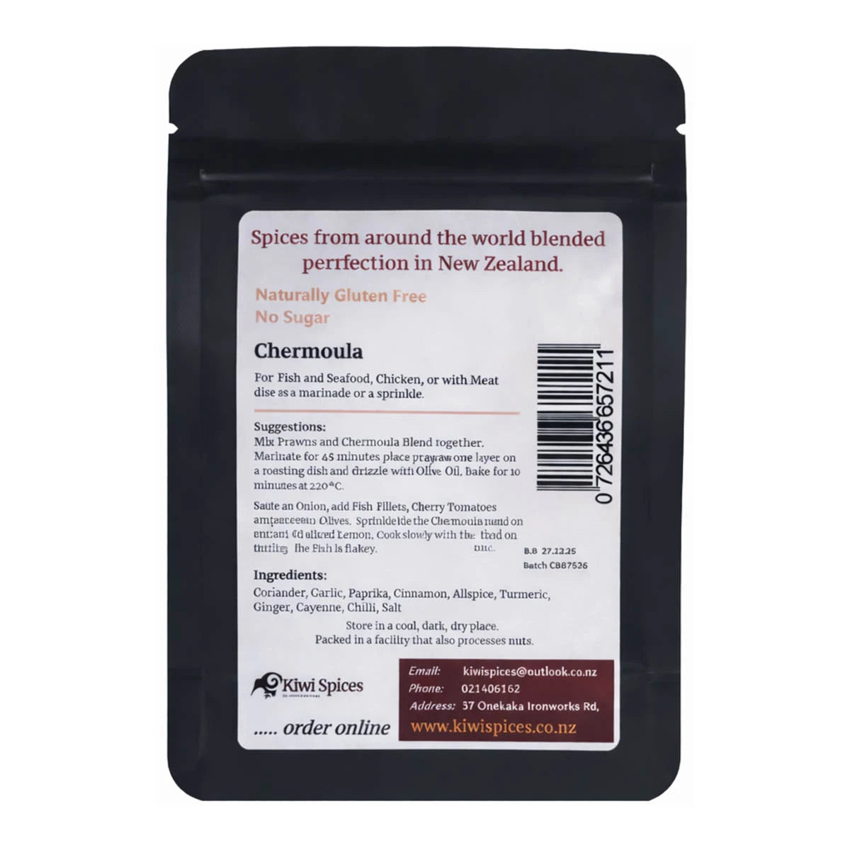 Back of chermoula spice packet with ingredients, usage and product information.