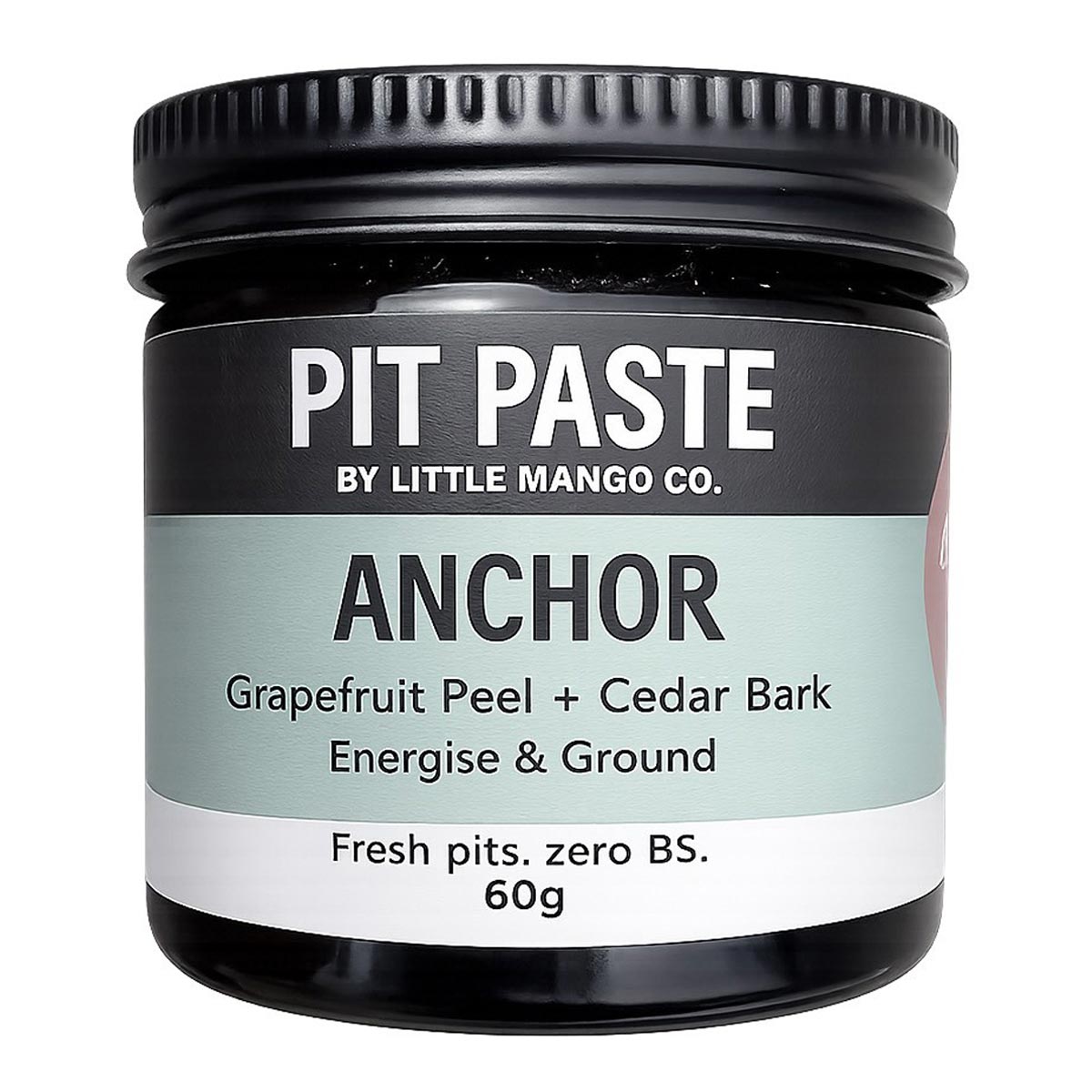 Jar of 'Pit Paste' by Little Mango Co. with black lid and label on a white background. Energise & ground.