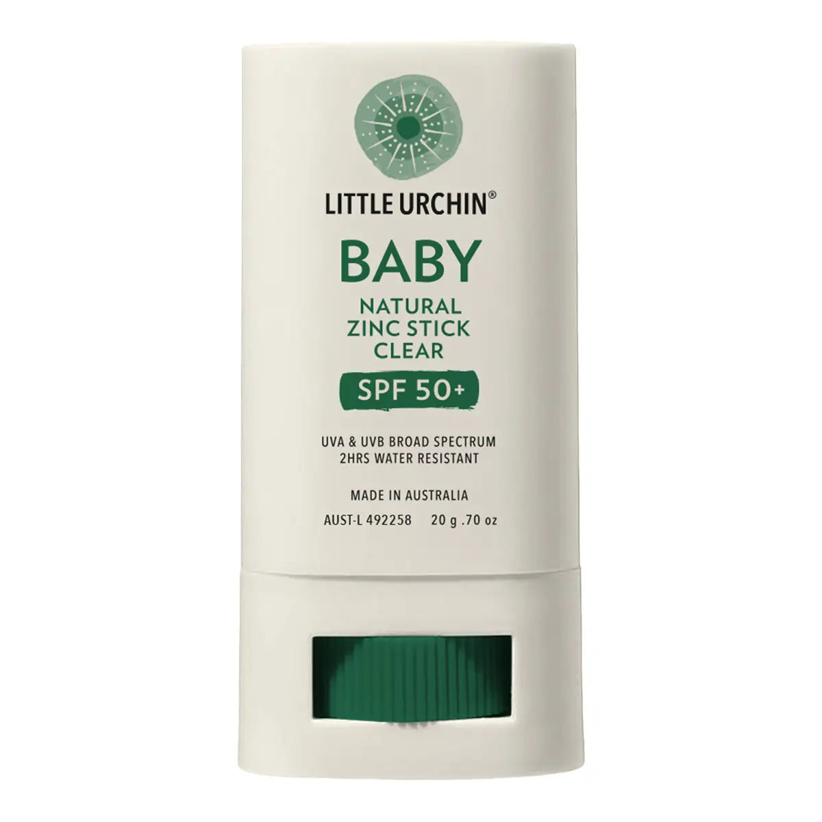 A white stick container of Little Urchin Baby Natural Zinc Stick Clear SPF 50+ with green text and a green cap window, shown on a plain white background.