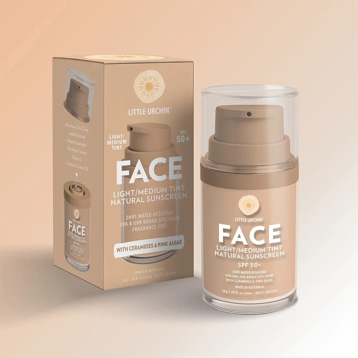 Little Urchin Face Light/Medium Tint Natural Sunscreen SPF 50+ shown with its retail box and the clear-topped pump bottle, both in a matching beige-tan shade against a soft peach background.
