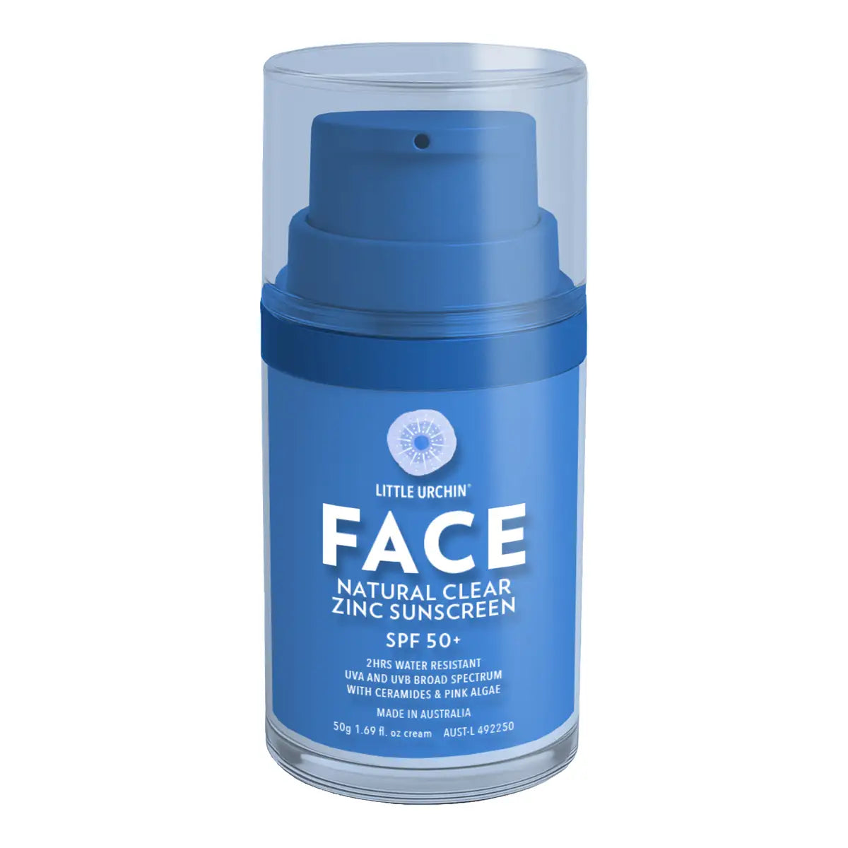 A bottle of Little Urchin Face Natural Clear Zinc Sunscreen SPF 50+ in a translucent blue bottle with a matching blue pump, enclosed in a clear protective plastic sleeve.