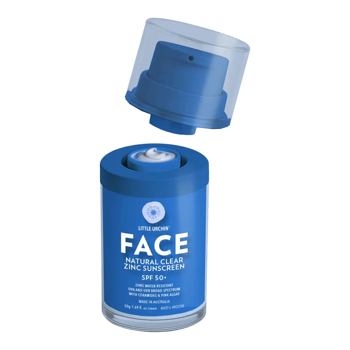A blue cylindrical face sunscreen bottle with its clear cap removed and floating above, on a plain white background.